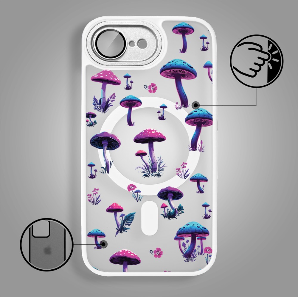 Etui do iPhone 16e Color Flush z MagSafe, z osłoną aparatu, magiczne grzybki, białe