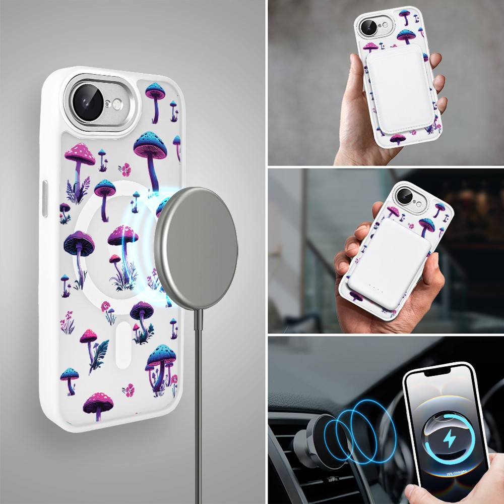 Etui do iPhone 16e Color Flush z MagSafe, z osłoną aparatu, magiczne grzybki, białe