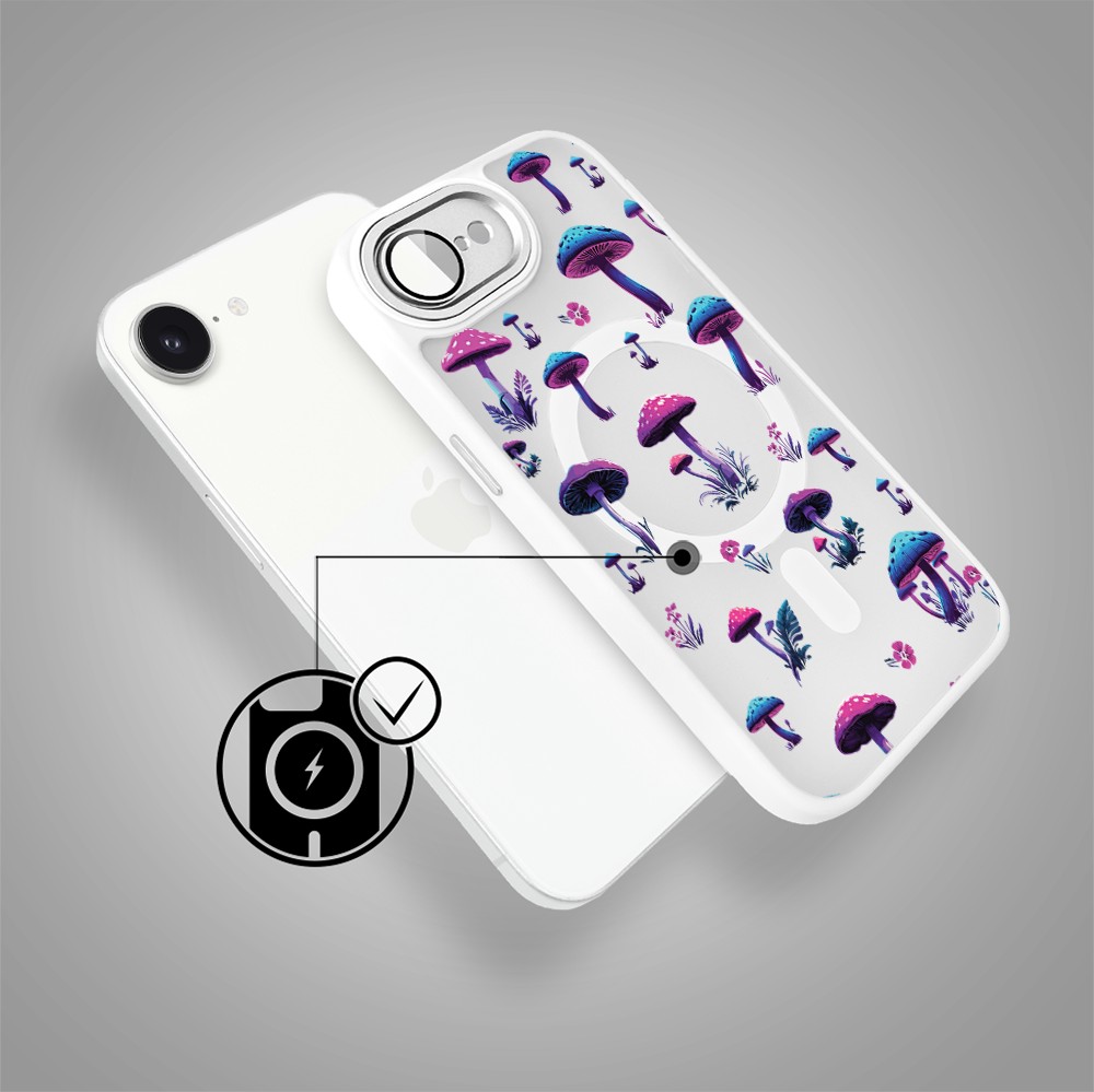Etui do iPhone 16e Color Flush z MagSafe, z osłoną aparatu, magiczne grzybki, białe