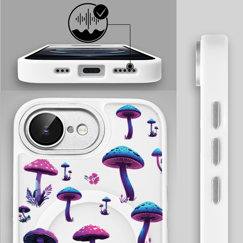 Etui do iPhone 16e Color Flush z MagSafe, z osłoną aparatu, magiczne grzybki, białe