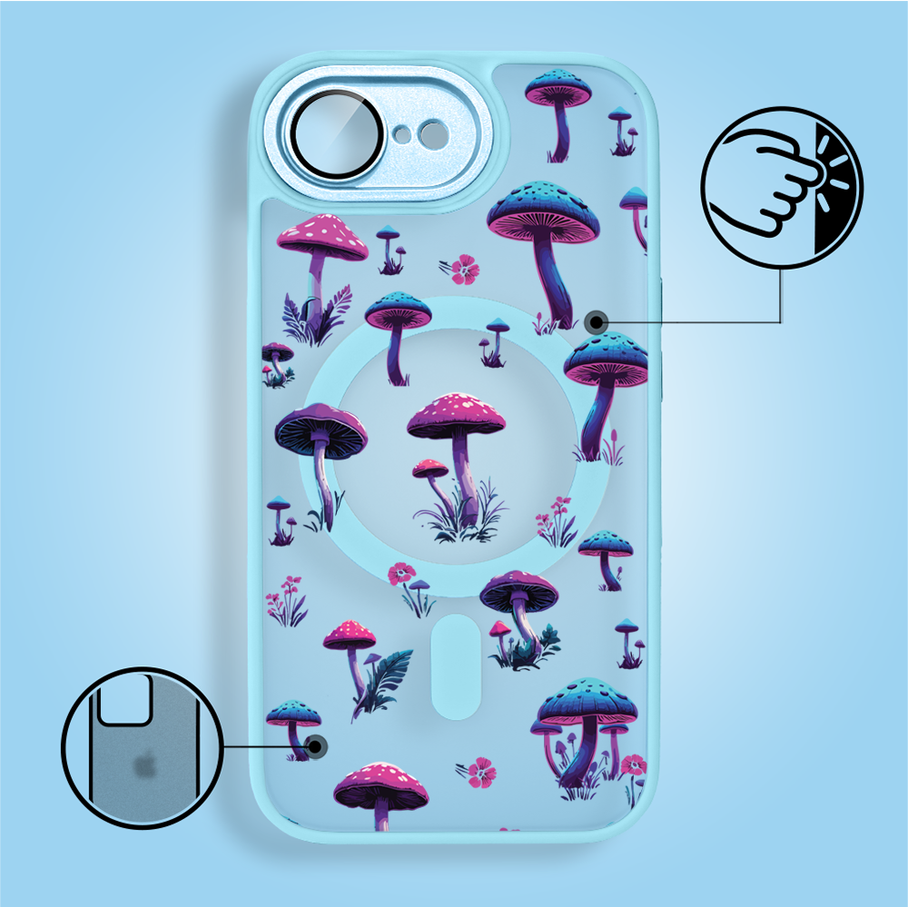 Etui do iPhone 16e Color Flush z MagSafe, z osłoną aparatu, magiczne grzybki, błękitne