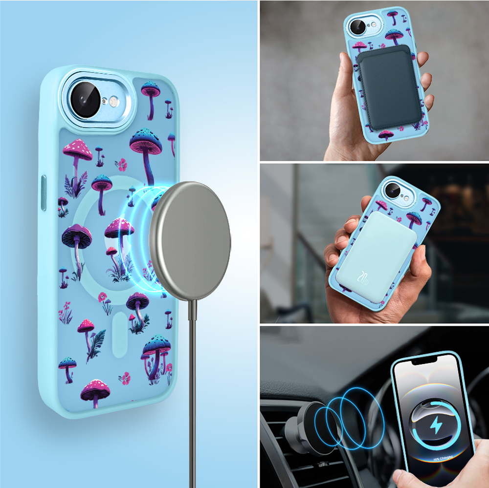 Etui do iPhone 16e Color Flush z MagSafe, z osłoną aparatu, magiczne grzybki, błękitne