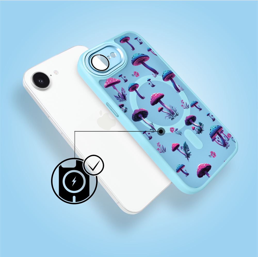 Etui do iPhone 16e Color Flush z MagSafe, z osłoną aparatu, magiczne grzybki, błękitne