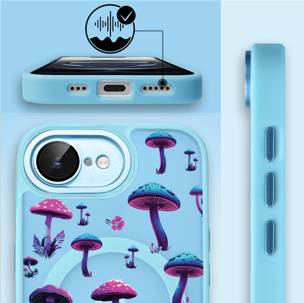 Etui do iPhone 16e Color Flush z MagSafe, z osłoną aparatu, magiczne grzybki, błękitne