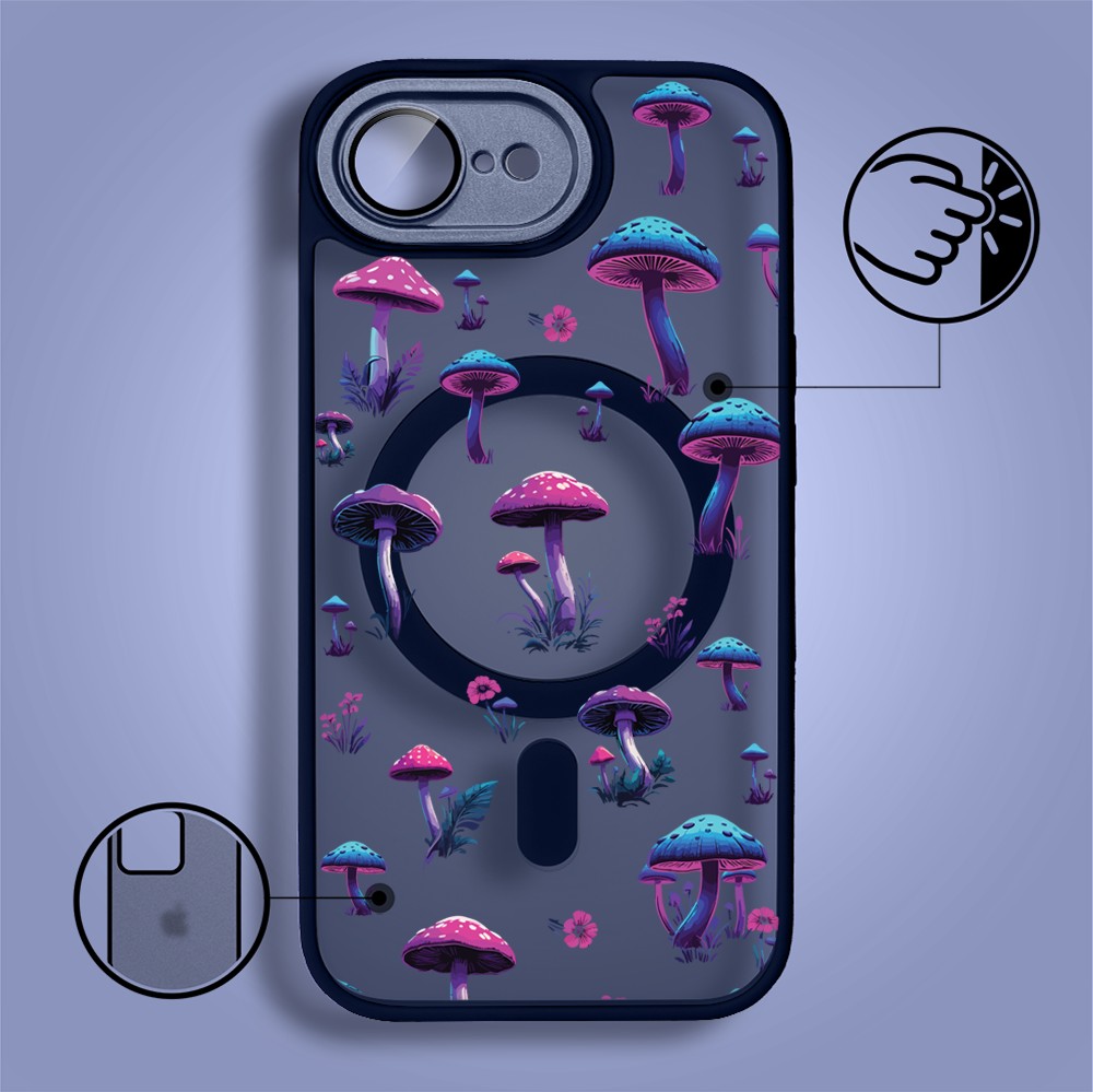 Etui do iPhone 16e Color Flush z MagSafe, z osłoną aparatu, magiczne grzybki, granatowe