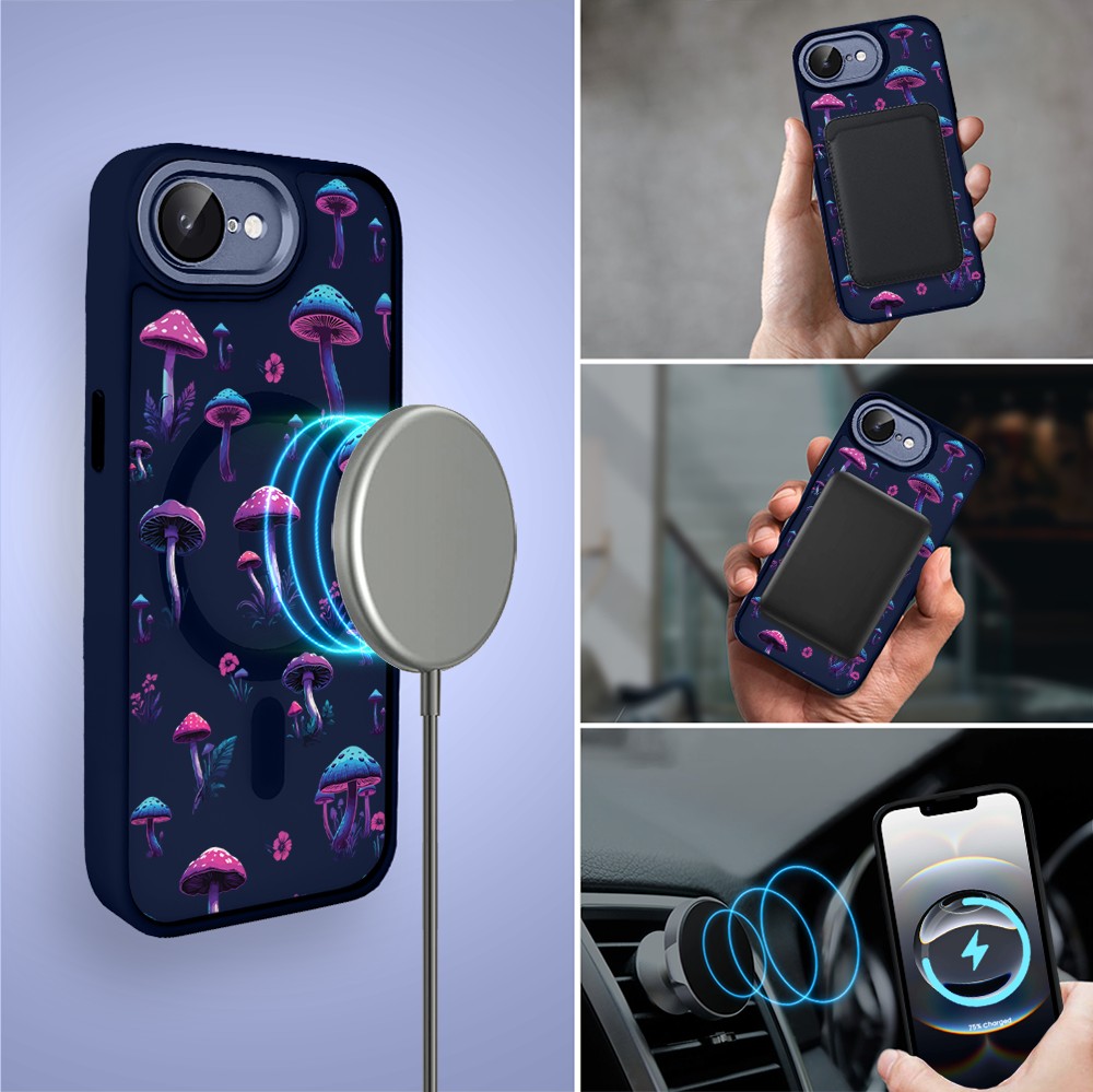 Etui do iPhone 16e Color Flush z MagSafe, z osłoną aparatu, magiczne grzybki, granatowe