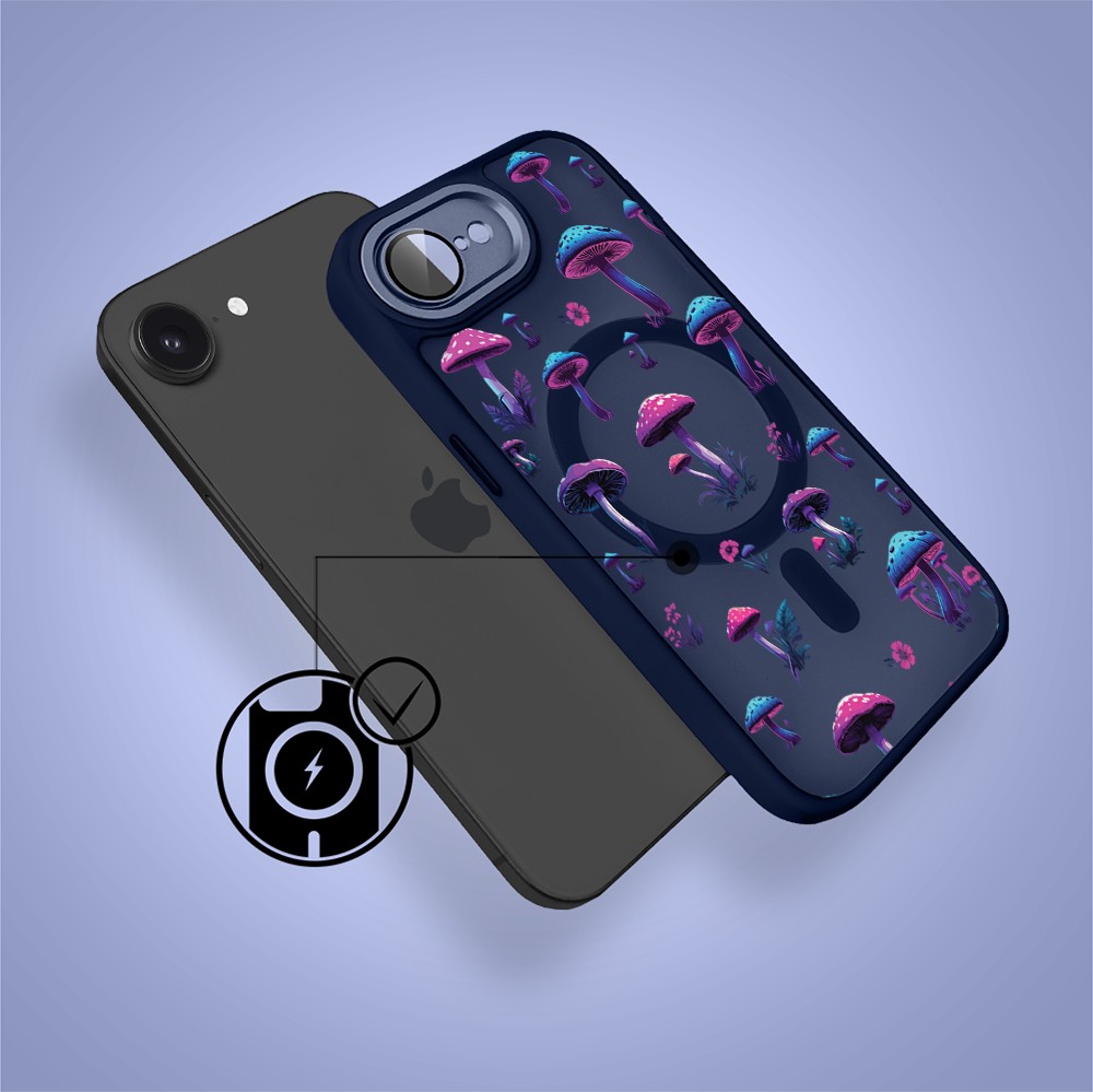 Etui do iPhone 16e Color Flush z MagSafe, z osłoną aparatu, magiczne grzybki, granatowe