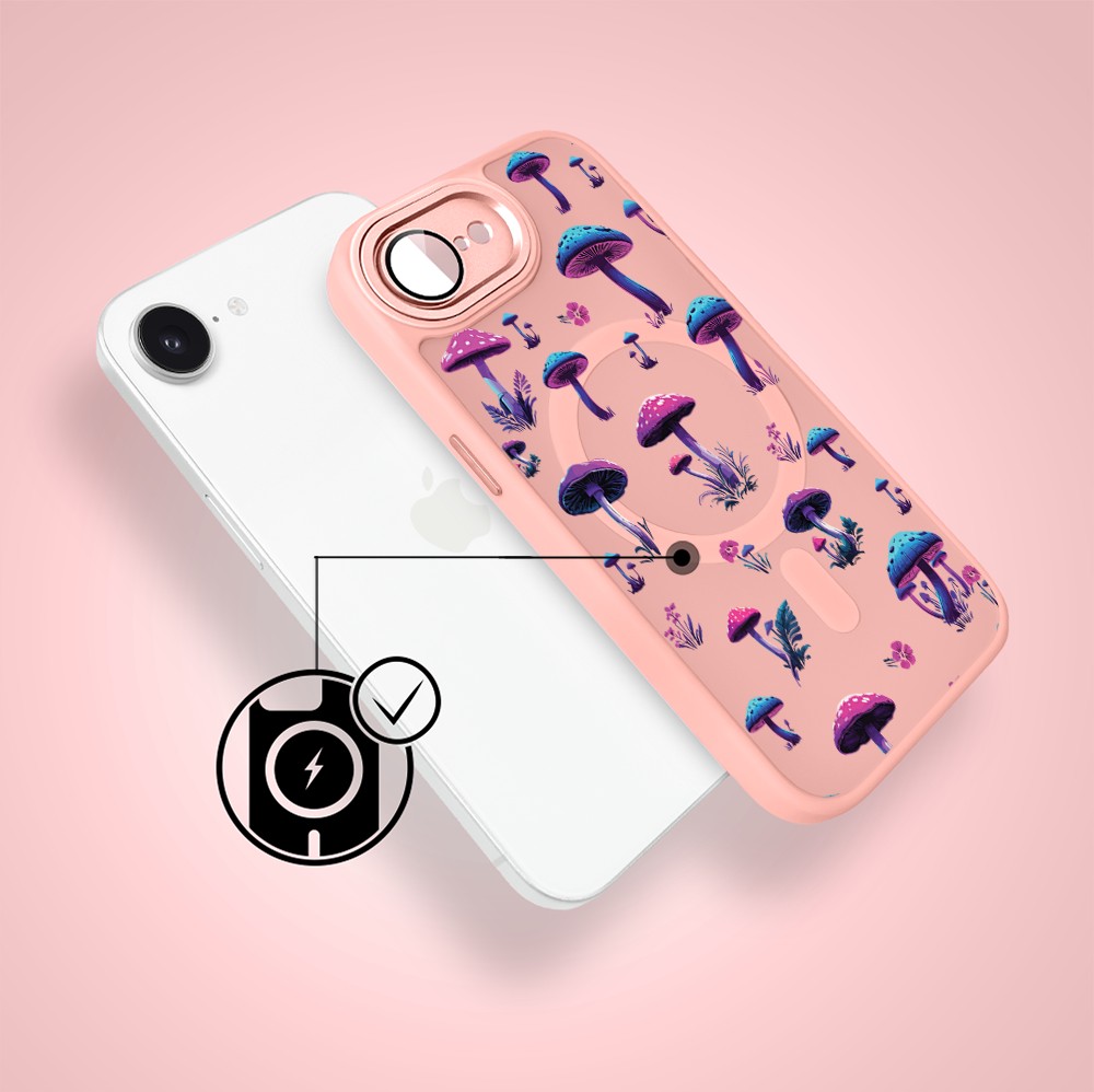 Etui do iPhone 16e Color Flush z MagSafe, z osłoną aparatu, magiczne grzybki, różowe