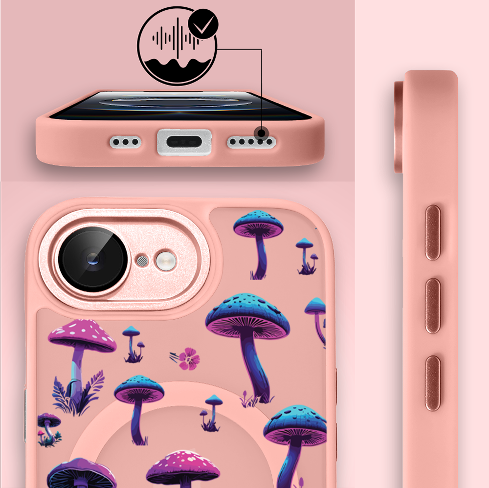 Etui do iPhone 16e Color Flush z MagSafe, z osłoną aparatu, magiczne grzybki, różowe