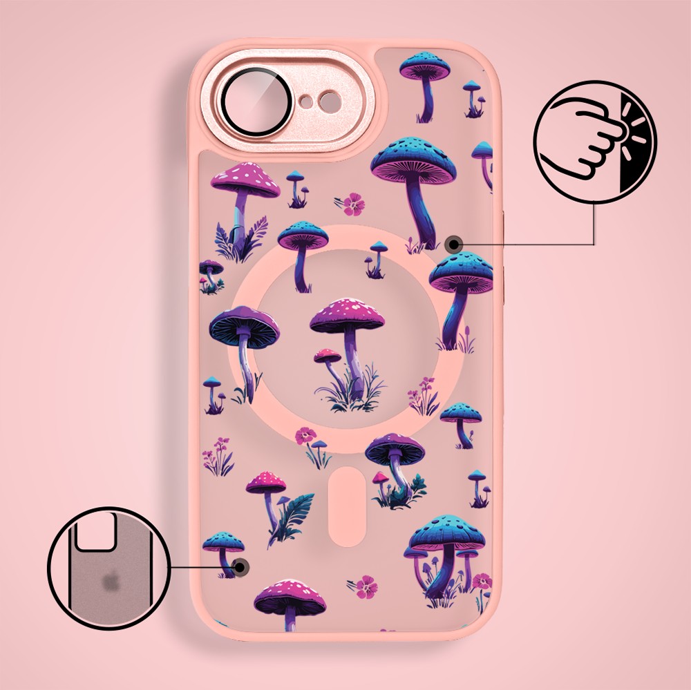 Etui do iPhone 16e Color Flush z MagSafe, z osłoną aparatu, magiczne grzybki, różowe