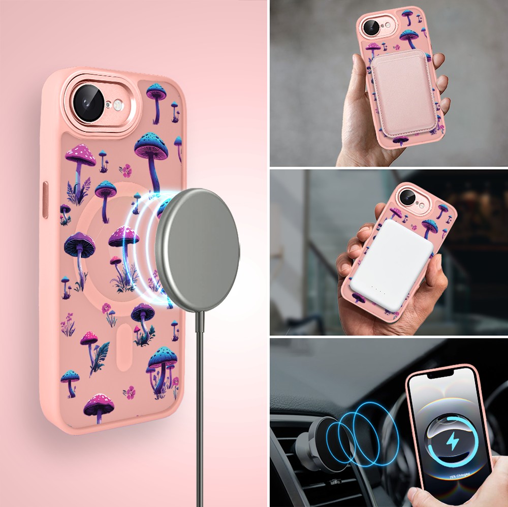 Etui do iPhone 16e Color Flush z MagSafe, z osłoną aparatu, magiczne grzybki, różowe