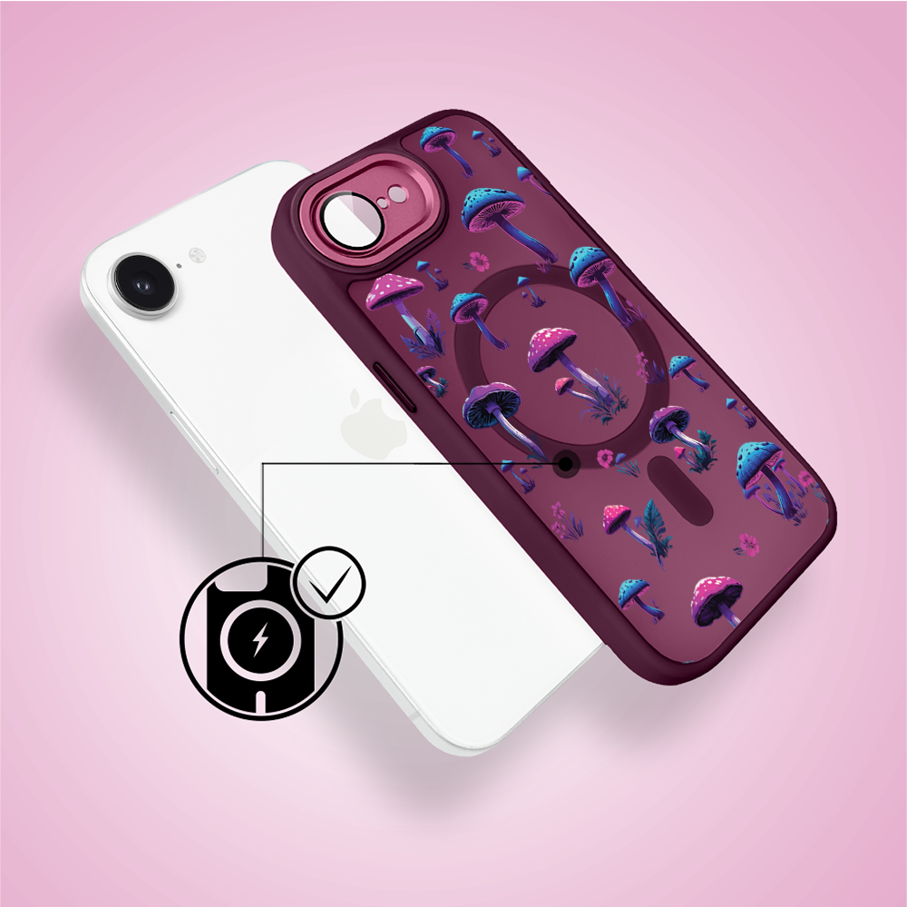Etui do iPhone 16e Color Flush z MagSafe, z osłoną aparatu, magiczne grzybki, wiśniowe