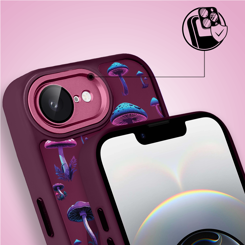 Etui do iPhone 16e Color Flush z MagSafe, z osłoną aparatu, magiczne grzybki, wiśniowe