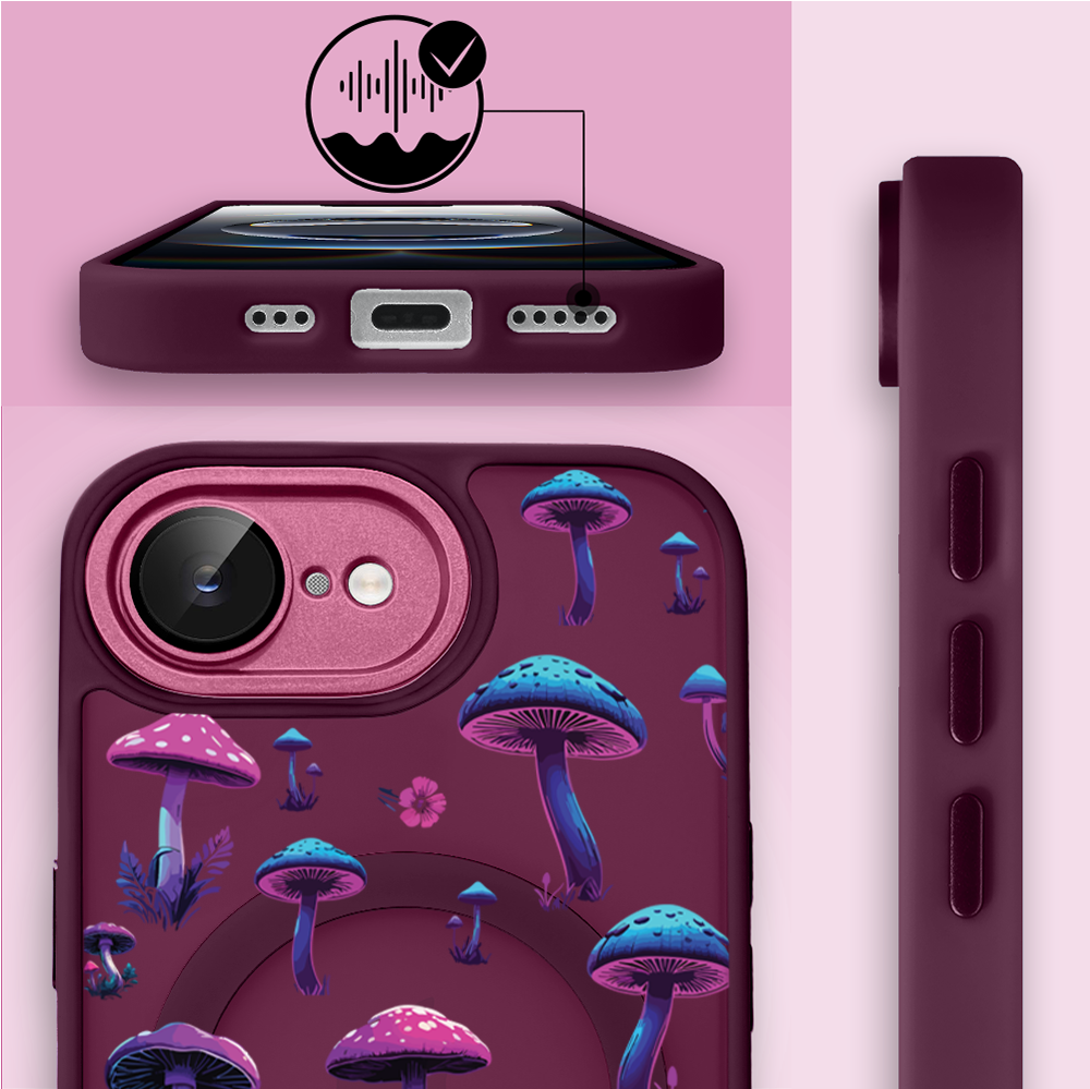 Etui do iPhone 16e Color Flush z MagSafe, z osłoną aparatu, magiczne grzybki, wiśniowe