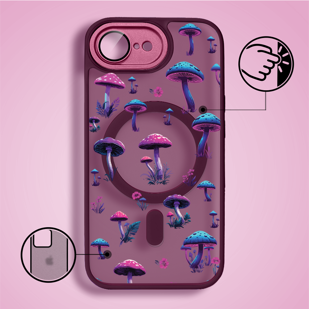 Etui do iPhone 16e Color Flush z MagSafe, z osłoną aparatu, magiczne grzybki, wiśniowe