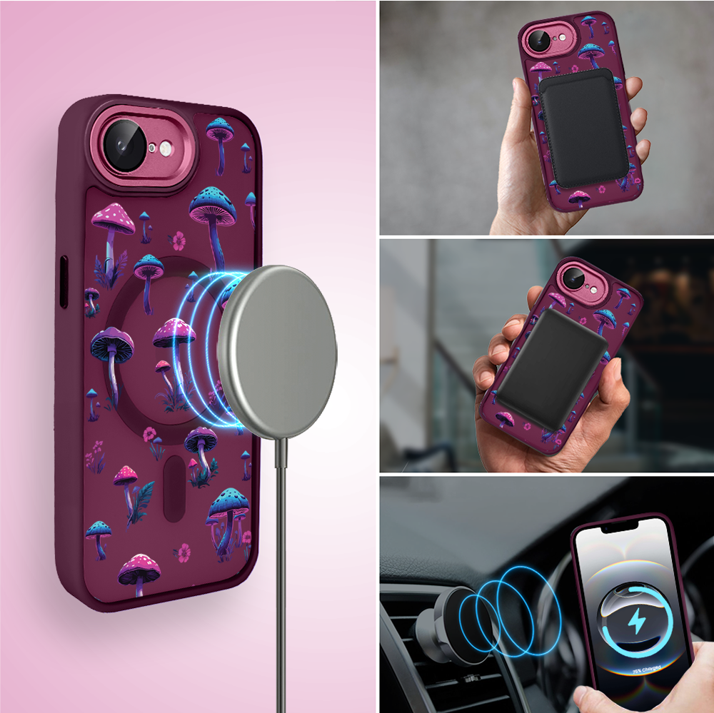 Etui do iPhone 16e Color Flush z MagSafe, z osłoną aparatu, magiczne grzybki, wiśniowe