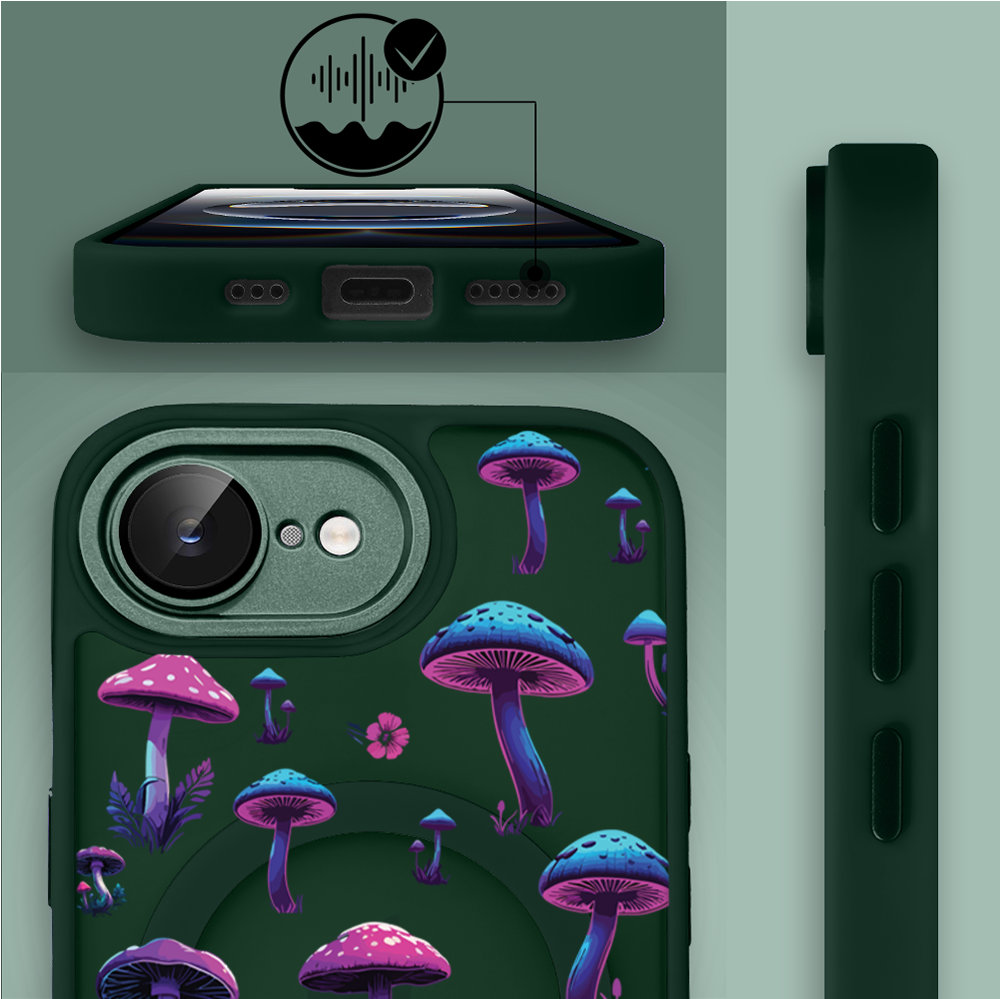 Etui do iPhone 16e Color Flush z MagSafe, z osłoną aparatu, magiczne grzybki, zielone
