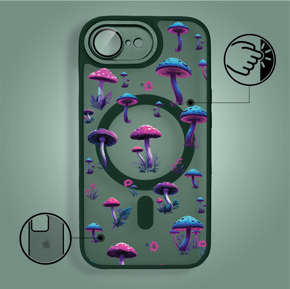 Etui do iPhone 16e Color Flush z MagSafe, z osłoną aparatu, magiczne grzybki, zielone