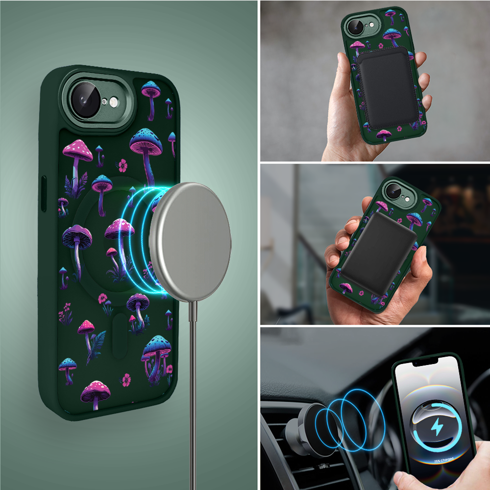 Etui do iPhone 16e Color Flush z MagSafe, z osłoną aparatu, magiczne grzybki, zielone