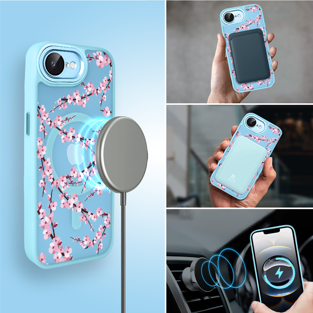 Etui do iPhone 16e Color Flush z MagSafe, z osłoną aparatu, sakura kwiat wiśni, błękitne