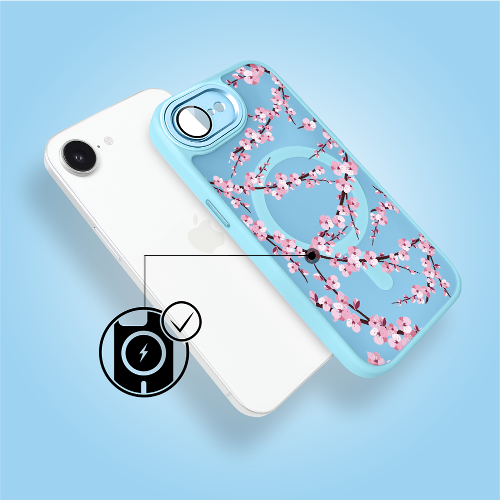 Etui do iPhone 16e Color Flush z MagSafe, z osłoną aparatu, sakura kwiat wiśni, błękitne