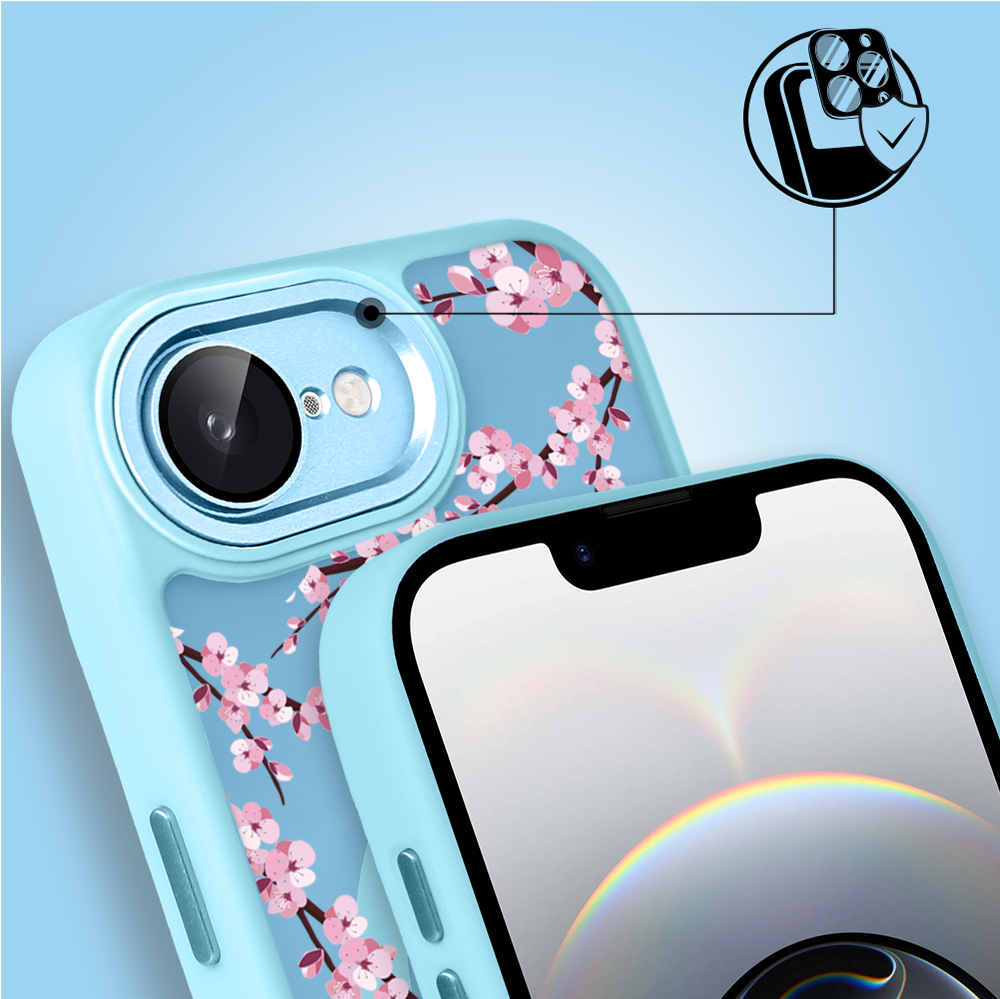 Etui do iPhone 16e Color Flush z MagSafe, z osłoną aparatu, sakura kwiat wiśni, błękitne