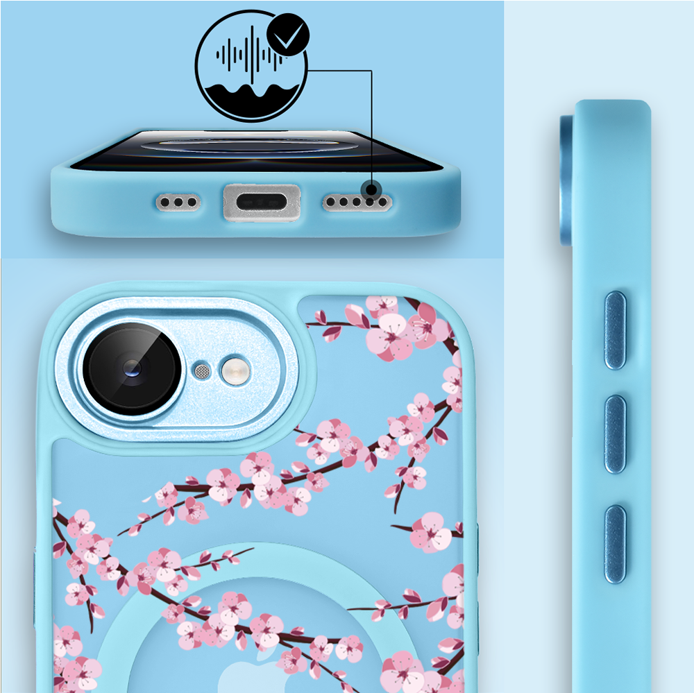 Etui do iPhone 16e Color Flush z MagSafe, z osłoną aparatu, sakura kwiat wiśni, błękitne