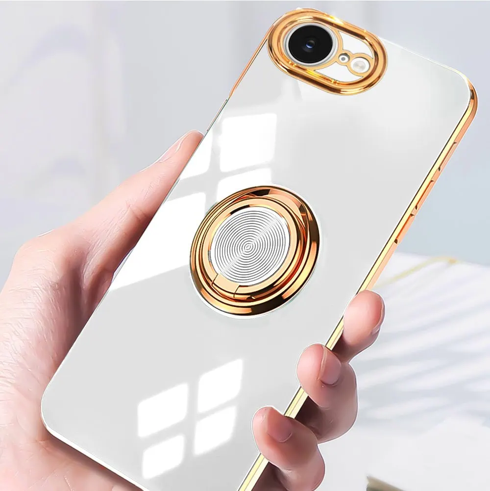 Etui do iPhone 16e eleganckie, ze złotym, metalowym uchwytem i zdobieniami, osłona na aparat, białe