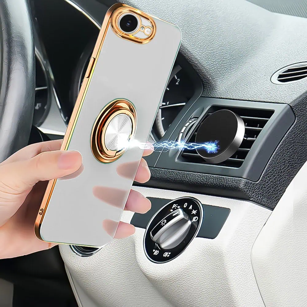 Etui do iPhone 16e eleganckie, ze złotym, metalowym uchwytem i zdobieniami, osłona na aparat, białe