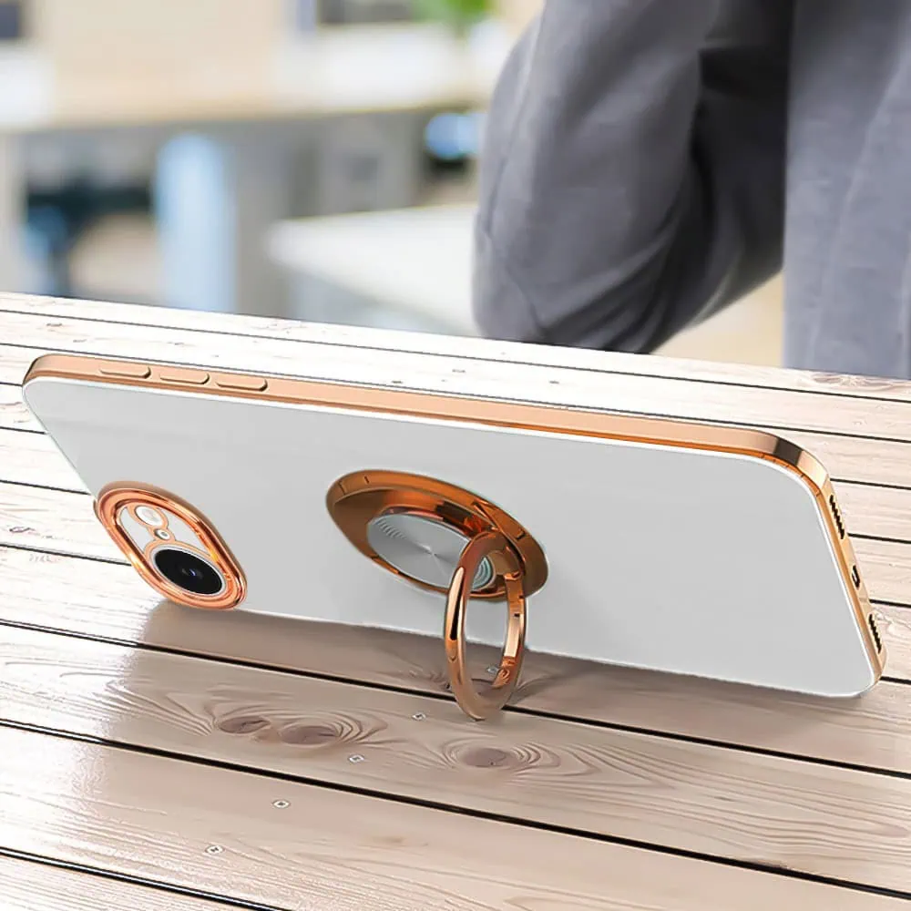 Etui do iPhone 16e eleganckie, ze złotym, metalowym uchwytem i zdobieniami, osłona na aparat, białe