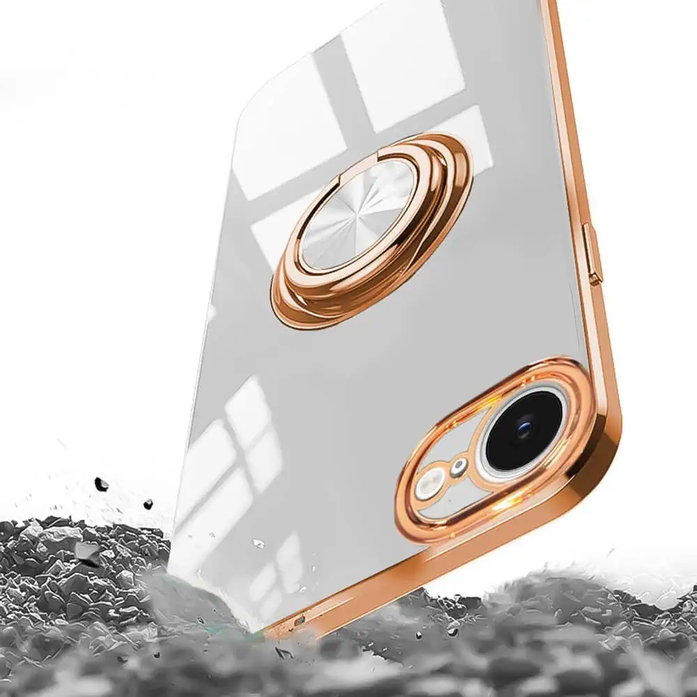 Etui do iPhone 16e eleganckie, ze złotym, metalowym uchwytem i zdobieniami, osłona na aparat, białe