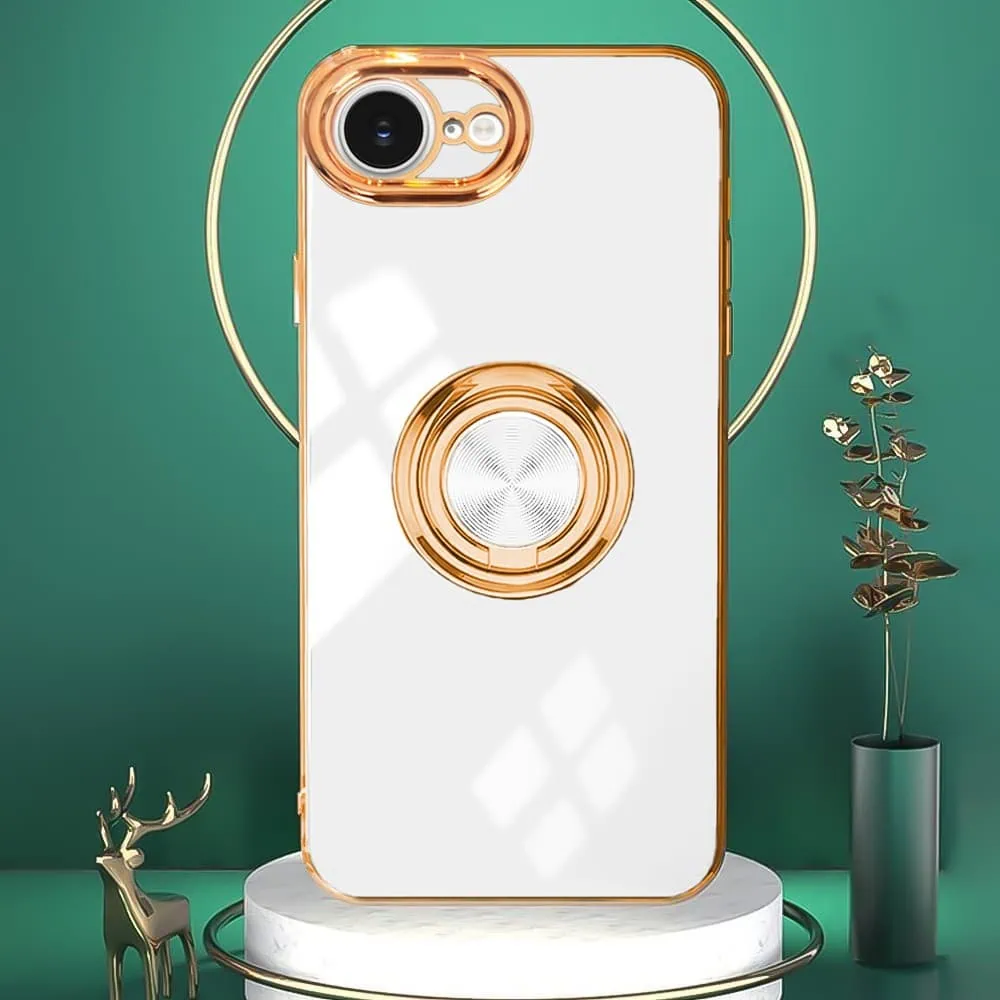 Etui do iPhone 16e eleganckie, ze złotym, metalowym uchwytem i zdobieniami, osłona na aparat, białe