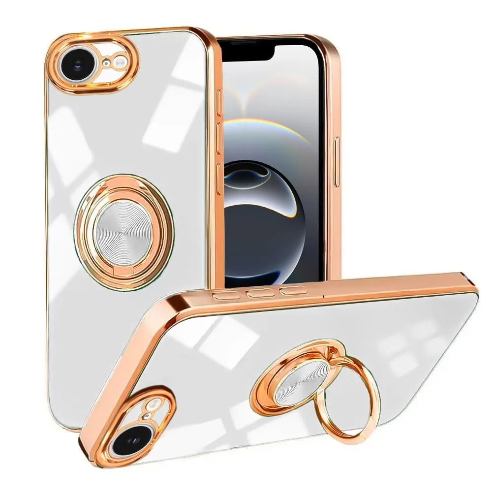 Etui do iPhone 16e eleganckie, ze złotym, metalowym uchwytem i zdobieniami, osłona na aparat, białe