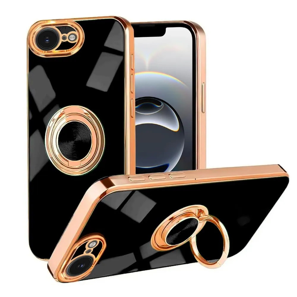 Etui do iPhone 16e eleganckie, ze złotym, metalowym uchwytem i zdobieniami, osłona na aparat, czarne