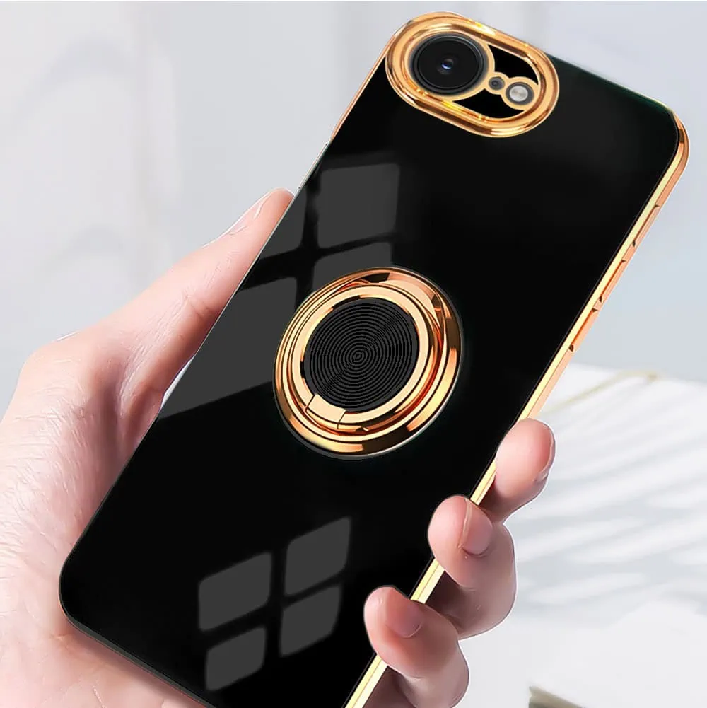 Etui do iPhone 16e eleganckie, ze złotym, metalowym uchwytem i zdobieniami, osłona na aparat, czarne