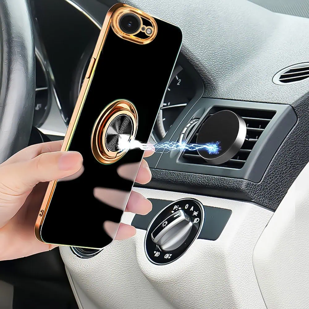 Etui do iPhone 16e eleganckie, ze złotym, metalowym uchwytem i zdobieniami, osłona na aparat, czarne