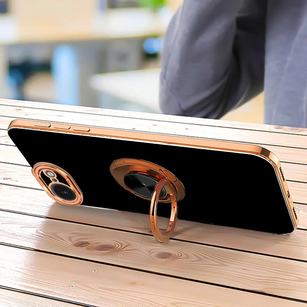 Etui do iPhone 16e eleganckie, ze złotym, metalowym uchwytem i zdobieniami, osłona na aparat, czarne