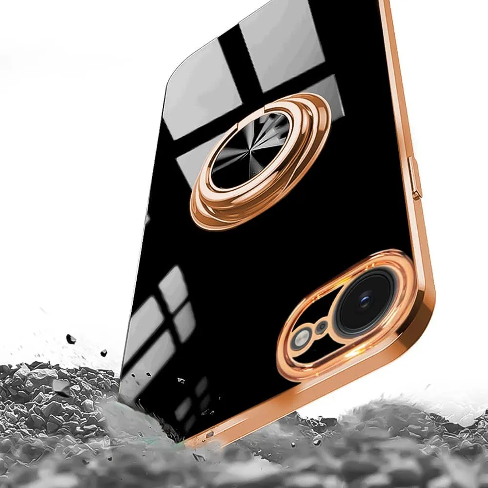 Etui do iPhone 16e eleganckie, ze złotym, metalowym uchwytem i zdobieniami, osłona na aparat, czarne