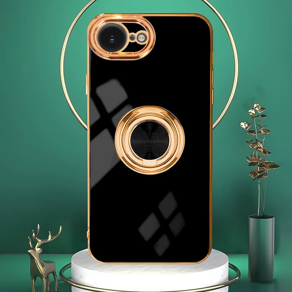 Etui do iPhone 16e eleganckie, ze złotym, metalowym uchwytem i zdobieniami, osłona na aparat, czarne