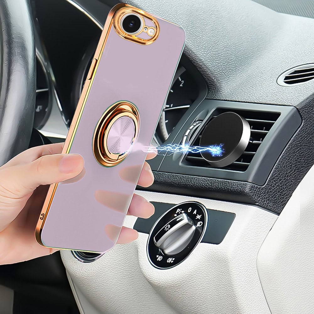 Etui do iPhone 16e eleganckie, ze złotym, metalowym uchwytem i zdobieniami, osłona na aparat, fioletowe