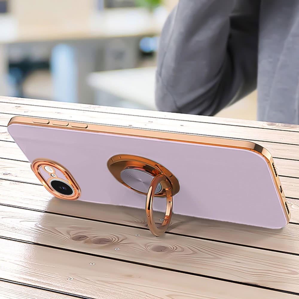 Etui do iPhone 16e eleganckie, ze złotym, metalowym uchwytem i zdobieniami, osłona na aparat, fioletowe