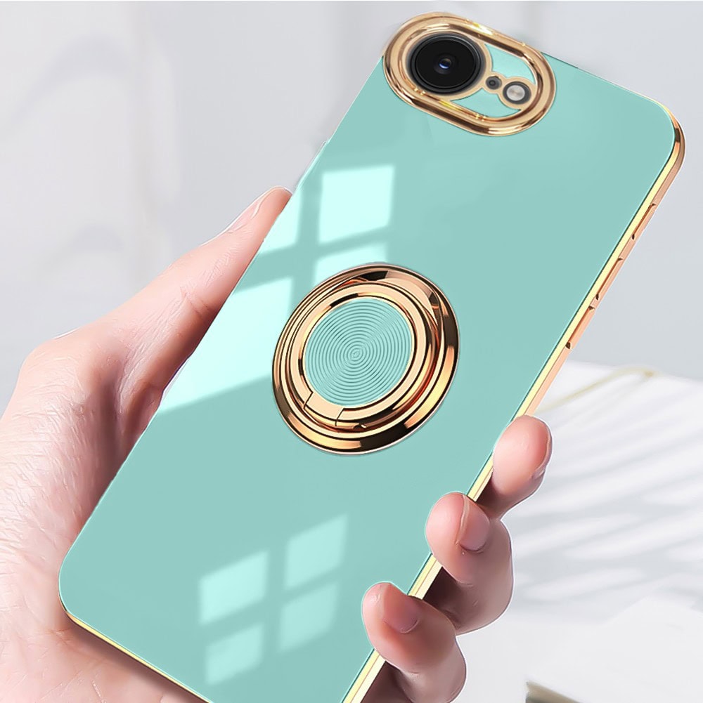 Etui do iPhone 16e eleganckie, ze złotym, metalowym uchwytem i zdobieniami, osłona na aparat, lazurowo miętowe