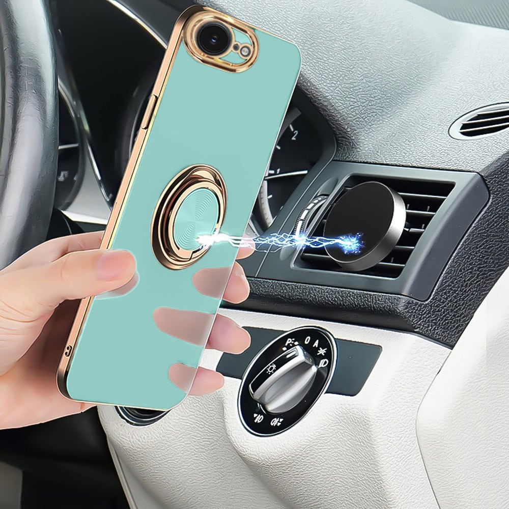 Etui do iPhone 16e eleganckie, ze złotym, metalowym uchwytem i zdobieniami, osłona na aparat, lazurowo miętowe