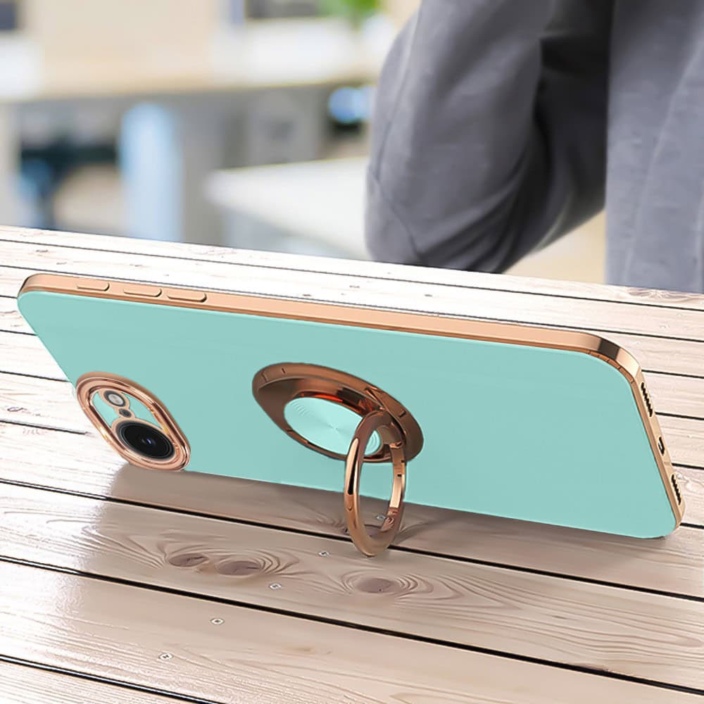 Etui do iPhone 16e eleganckie, ze złotym, metalowym uchwytem i zdobieniami, osłona na aparat, lazurowo miętowe