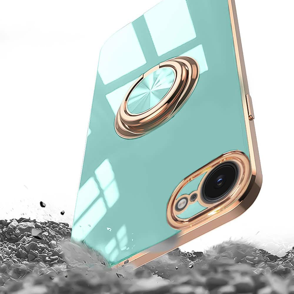 Etui do iPhone 16e eleganckie, ze złotym, metalowym uchwytem i zdobieniami, osłona na aparat, lazurowo miętowe