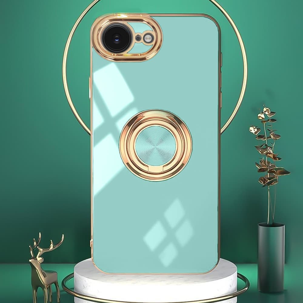 Etui do iPhone 16e eleganckie, ze złotym, metalowym uchwytem i zdobieniami, osłona na aparat, lazurowo miętowe