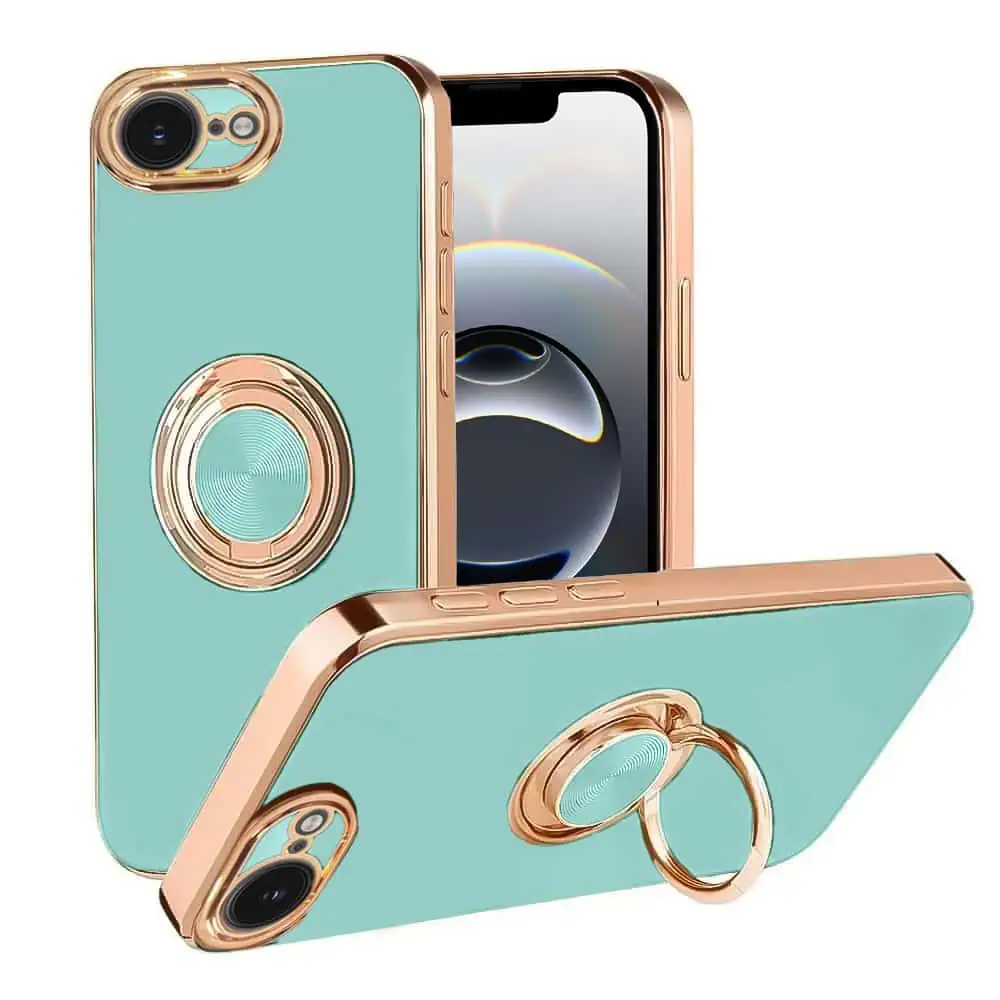 Etui do iPhone 16e eleganckie, ze złotym, metalowym uchwytem i zdobieniami, osłona na aparat, lazurowo miętowe