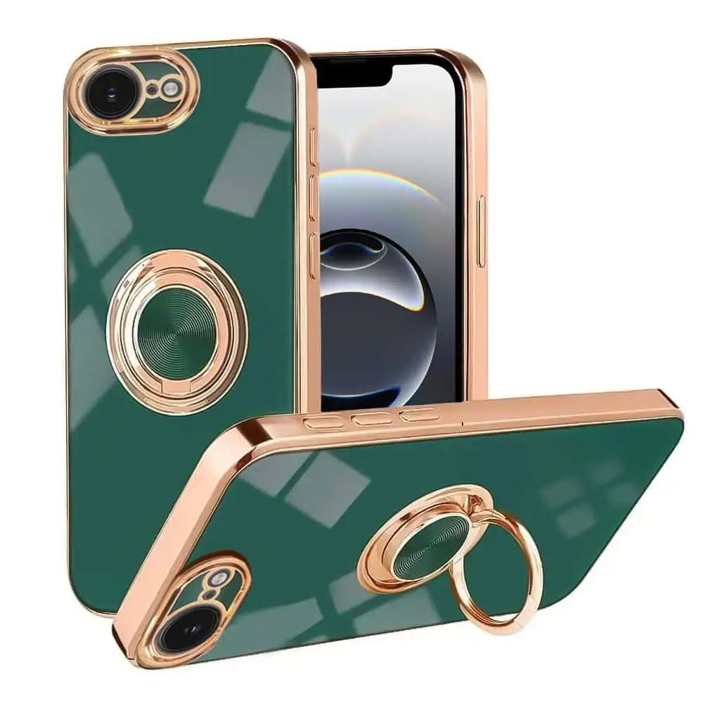 Etui do iPhone 16e eleganckie, ze złotym, metalowym uchwytem i zdobieniami, osłona na aparat, zielone