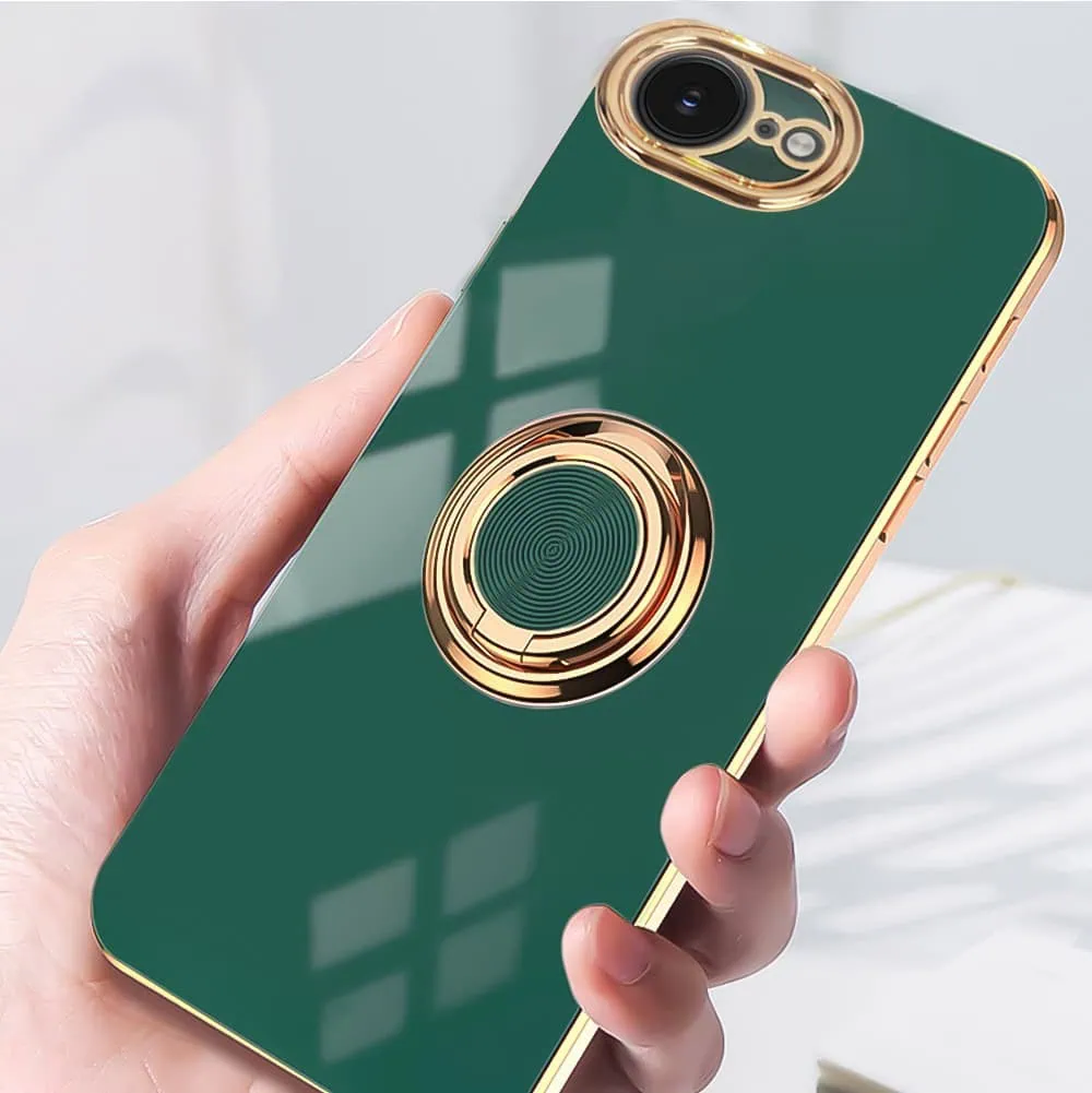 Etui do iPhone 16e eleganckie, ze złotym, metalowym uchwytem i zdobieniami, osłona na aparat, zielone