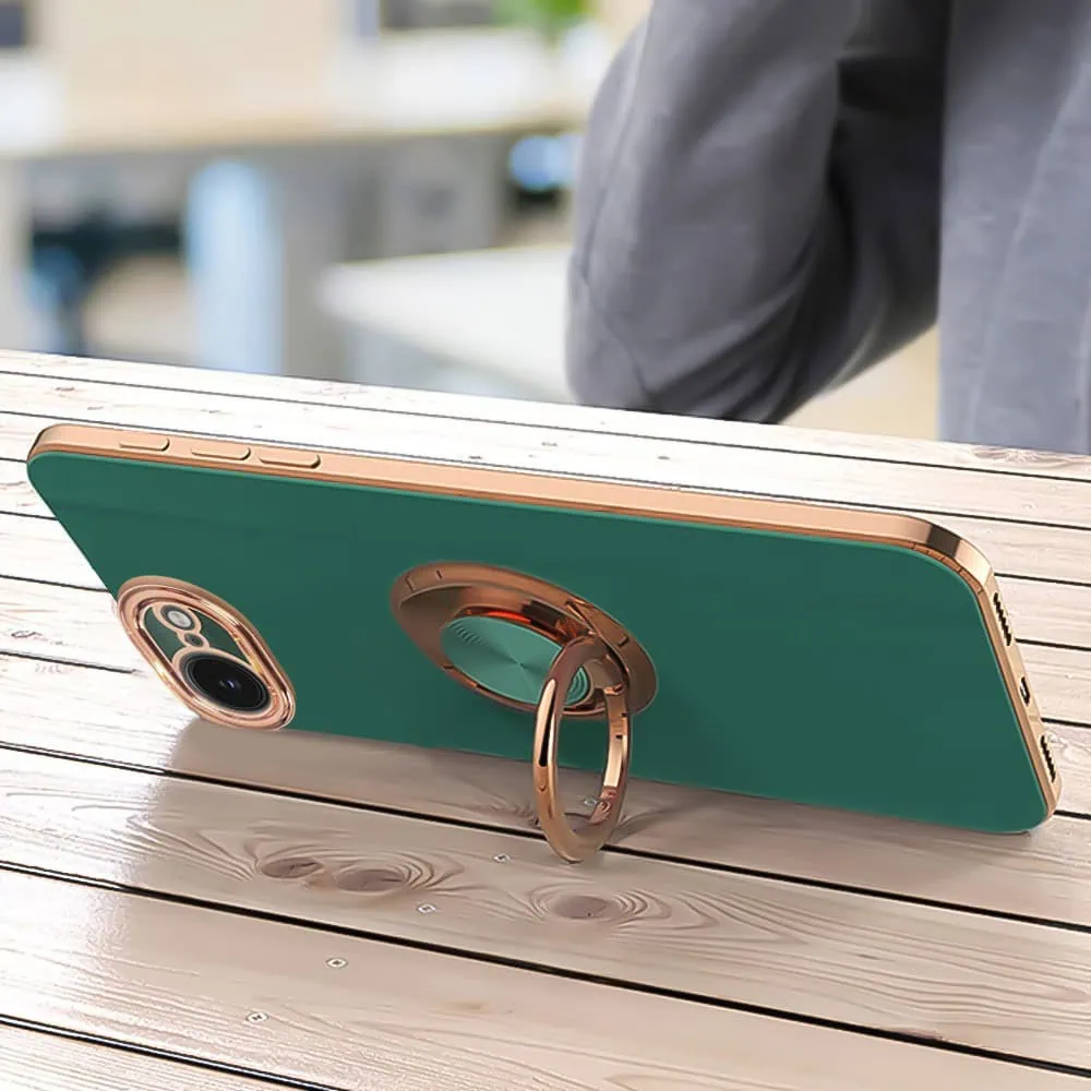 Etui do iPhone 16e eleganckie, ze złotym, metalowym uchwytem i zdobieniami, osłona na aparat, zielone